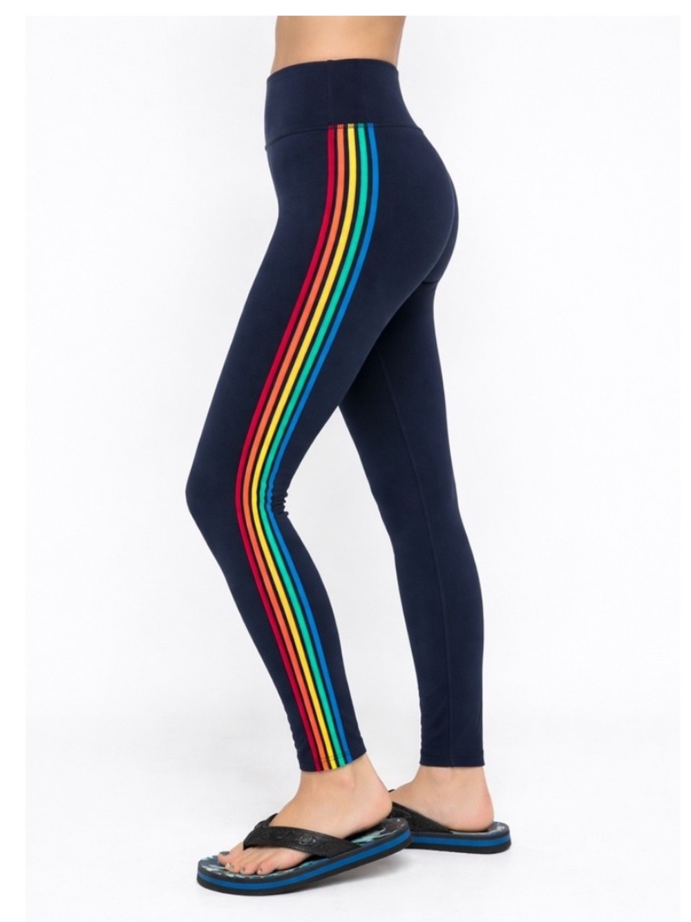 Boden Jessica Active Leggings Navy Blue Rainbow Stripe High Rise Size 14 Retro